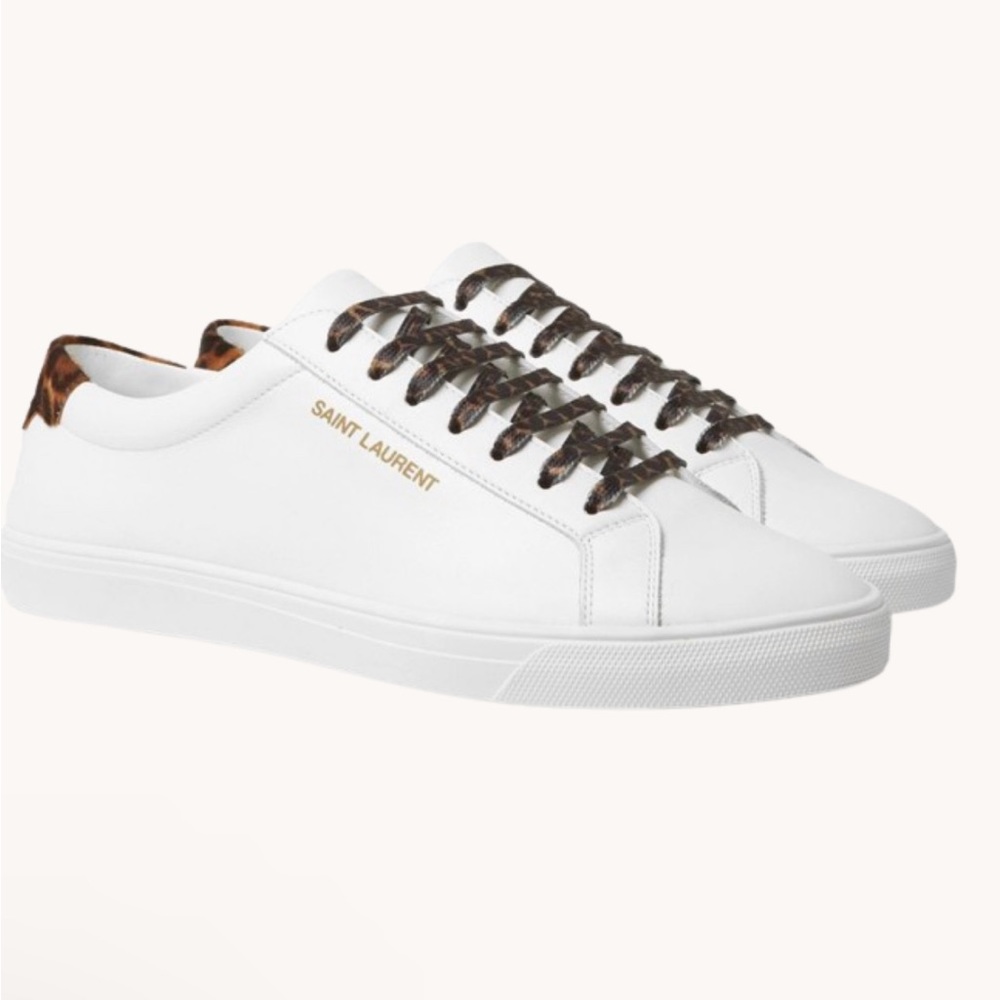 Saint Laurent White and Leopard Print Andy Sneakers